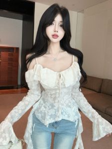 GUZILIAN | Summer Sweet Spicy Womens Long Sleeve T-Shirt Slim Fit Bell Bottoms Design Unique Beautiful Clavicle Top Korean Style Commute