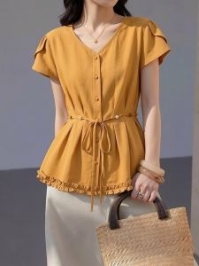 AIYITI | Stylish V-neck Short Sleeve Ruffled Shirt Plus Size Tummy-Control