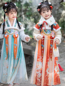 Thickened Fleece Childrens Hanfu Dress Red New Years Clothes Girls Traditional Costume Winter Style Polyester Fiber Dress