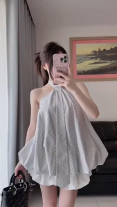 QC_ Outfit hè slay set đồ girl phố set đồ nữ áo yếm Bí sọc cà vạt Linen phối quần Bí bồng Đũi nhăn