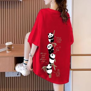 Loose Womens Cotton T-shirt Short Sleeve Mid-Length Summer New Style plus Size Wine Red Panda Top Trendy plus Size Clothing