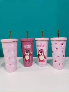 (Không Túi) Ly giữ nhiệt gấu dâu Lotso 750ml inox 304 cao cấp có ống hút và cọ rửa tiện lợi _ TingTing