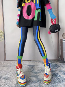 Slimming High Waist Tight Fit Leggings Womens Spring Autumn Thin Polyester Spandex Base Layer Pants Fashionable Side Stripes