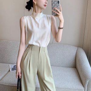 เสื้อเชิ้ตผ้าชีฟองแขนกุดสีดำสำหรับผู้หญิงในช่วงฤดูร้อนปี 2024 สไตล์ลำลอง เสื้อเชิ้ตคอโปโลทรงหลวมสบายๆ ทรงเข้ารูป