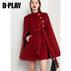 Elegant Vintage Red Woolen Cloak Coat for Women Winter Wedding Outerwear Stylish Commute Fashion Pure Color Button Detail