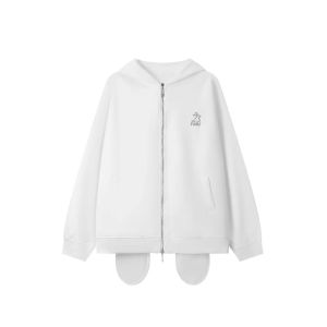 HTYM White Rabbit Ear Hoodie Jacket Womens Autumn Cardigan Unique Design Sweet Style Long Sleeve Fleece Lined Coat