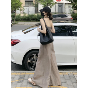 Quần Ống Rộng Cạp Cao Màu Nâu Dài Đến Sàn Mùa Hè Cho Nữ Dáng Rộng Thoải Mái Giản Dị