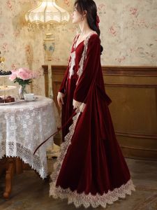 Morning Gowns Bride Wedding Birth Year Nightdress Autumn and Winter Long Palace Style Fancy Red Pajamas Two-piece Set