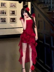 Váy Midi Không Tay Cổ Vuông Chữ a Màu Đỏ Hoa Hồng Kiểu Pháp Váy Dự Tiệc Không Đều Cạp Cao Mùa Hè Cho Nữ