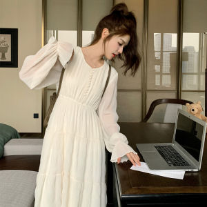 Chic French Style Sweet White Long Dress Spring Autumn New Style Slimming First Love Dress A-Line Silhouette V-Neck Midi Dress