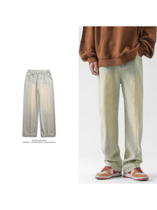 Retro American Street Style Distressed Jeans Mens Loose Straight Leg Long Trousers Trendy Spring Summer Cotton Casual Wear