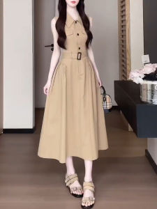SUSIEYUAN | Sleeveless French Workwear Style Khaki Color Waist-defining Summer Dress