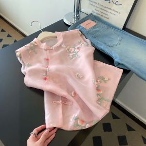 New Chinese Style Womens Short Sleeve Shirt Pink Floral Design Gentle Wind Small Audience National Style Button up Top