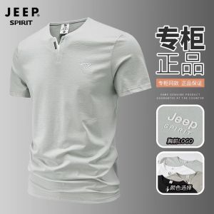 Jeep 2025 Summer New V-Neck Short Sleeve Mens T-Shirt Casual Breathable Sporty Top American Style Versatile Standard Fit Cotton Polyester Blend