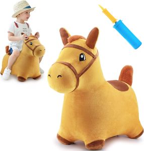 Bouncy Pals Yellow Hopping Horse Outdoor Ride on Bouncy Animal Play Toys Inflatable Hopper Plush Covered W/ Pump Birthday Gift for 18 Months 2 3 4 5 Year Old Kids Toddlers Boys Girls