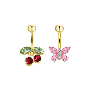 2pcs Stainless Steel Cherry Butterfly Belly Button Rings Shiny Cubic Zirconia Womens Pink Flowers Cute Navel Piercing Jewelry