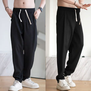 กางเกงลำลองชายผ้าไหมน้ำแข็งฤดูร้อนใหม่ กางเกงขายาวทรงตรงหลวมๆ สีพื้น เอวยางยืด ทรงหลวม สไตล์ลำลอง
