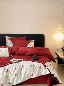 Retro Embroider 100 Long-Staple Cotton Wedding Four-Piece Set Print Pure Cotton Quilt Cover Red Bed Sheets 1.8 Bedding