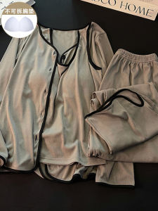 Ice Silk Thread Sleepwear Womens Long Sleeve Three Piece Set with Chest Pad Home Clothes Spring Autumn Cool Feeling Home Clothes