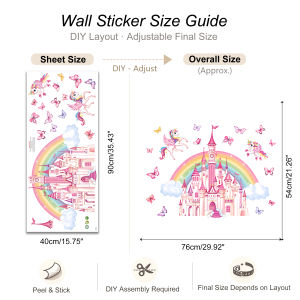 Princess Castle & Unicorn Wall Decal - Rainbow Butterfly Wall Sticker Whimsical Pink Wall Art Decor for Girls Bedroom Playroom