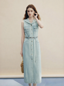 FAMANXUAN | Elegant French Style Embellished Cotton Denim Dress