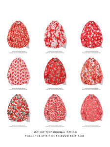 เสื้อเชิ้ตแขนยาวสีแดง MOISHE TIDE ปีมังกรปีใหม่ พิมพ์ลายดอกไม้แบบครอบคลุม หลวมๆ สำหรับคู่รัก เสื้อเชิ้ตผู้ชายและผู้หญิง
