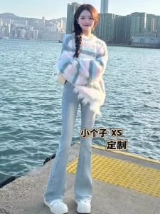 145 Small American Retro High Street Micro-Pull Denim Female Spring & Fall High Waist Straight-leg Slim Looking Silm Bell-Bottom Pants