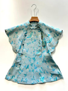 New Chinese Style Slim Fit Short Sleeve Shirt Womens Stand Collar Button up Top Trendy Commute Straight Tube Silken Blouse