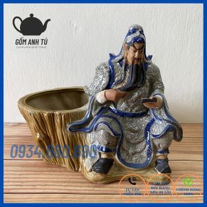 Chậu tượng Quan Công đọc sách men rạn gốm Bát Tràng trang trí bonsai tiểu cảnh