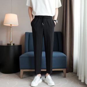 Spring Summer Mens Slim Fit Black Casual Pants Thin Drape Anti-Wrinkle Elastic Nine-Piece Small West Pants Daily Wear