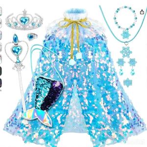 Sky Blue Iridescent Sequin Cape Kids Winter Fairy Cloak Set Crystal Tiara Heart Wand Snowflake Jewelry Mermaid Tail Bag ForGirls