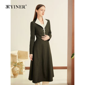 Contrast Color Turn-Down Collar Waist-Accentuating Wool Blend Dress