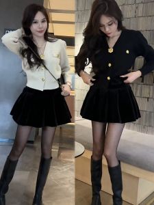 Autumn Winter Knitted Sweater Jacket And Velvet Mini Skirt Two Piece Set Chic Fashionable Anti-Wrinkle Slightly Elastic Loose Fit