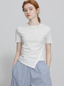 White round Neck Asymmetrical Shoulder Short Sleeve T-Shirt Womens Summer New Design Folded Short Top Casual Style Cotton Blend