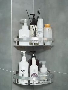 2 Layer Bathroom Punching Space Aluminum Storage Shelf with Hooks Shower Gel Corner Racks Shampoo Soap Cosmetics Rack Bathroom Accessories Bathroom Wall Mount Storage Rack