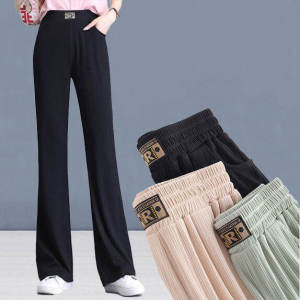Slimming High Waist Wide Leg Pants Womens Elastic Ice Silk Casual Trousers Straight Cut Fashionable Long Pants