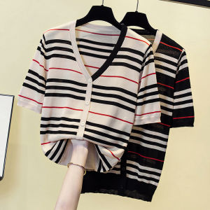 plus Size Womens Summer Striped Ice Silk Knitted Top Loose Short Sleeve T-Shirt Casual V-Neck Thin Fabric Breathable