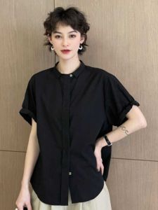 Elegant Black Short Sleeve Shirt Womens Loose Casual Fashionable Top Summer Design Sense Commute Korean Style round Neck