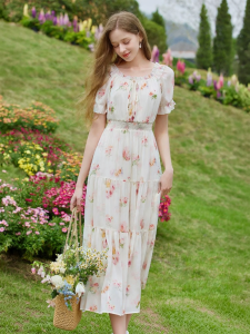 XIANGYING | French Style Waist-Cinching Floral Maxi Dress