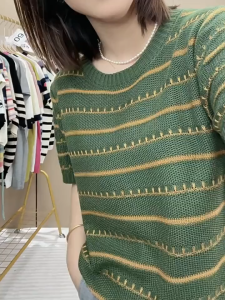 Yitiaoyuu Womens Knitted Short-sleeved Round Neck Striped Hollow Loose Casual Shirt