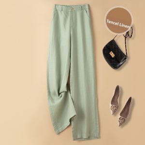 Womens Green Lyocell Linen Wide Leg Loose Fit Straight Leg High Waist Trousers