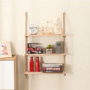 1PC 1/2/3-tier Wooden Floating Shelves for Wall Plant Flower  Hanging Rope Storager Wall Shelf Kitchen Storage