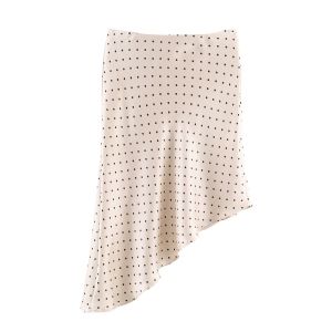 HH Polka Dot Skirt For Women Elegant Asymmetrical Hem Slim Elastic Waist Midi Skirts Summer Casual Women Trendy Holiday Skirt