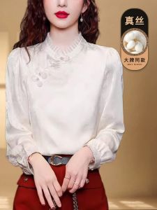 Elegant Long Sleeve Silk Shirt for Women Hangzhou Brand Traditional Chinese Style Button up Top Summer New Arrival Silk