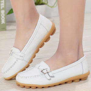 New Autumn Women Leather Flat Nurse Shoe Adult Version with Rubber Sole Soft Little White Shoe Slip-on Loafers with Pebble Shoes