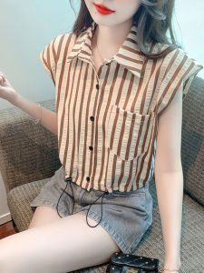 French Stripe Shirt Women Summer New Design Sensation Short Sleeveless Top Chiffon Fabric Korean Style Loose Fit Pocket Detail