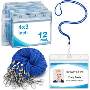 12 Pack Lanyards for ID Badges Blue Lanyard with ID Holder and Clear Plastic Horizontal Badge Holder Wateproof ID Card Holders