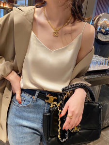 Womens Silk Blend Tank Top Loose Fit Base Layer White Satin Simulation Silk Vest Summer Outerwear Matching Suit Set