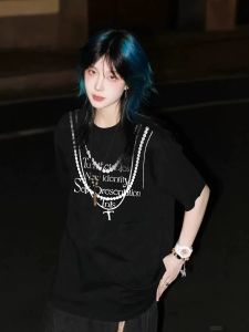 American Style Loose Cotton Short Sleeve Womens T-shirt Summer Trendy Design Printed round Neck Top Cool Style Fashion