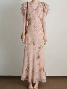 DANTING | Floral Ruffled Sleeve Dress V-Neck Mid-Length